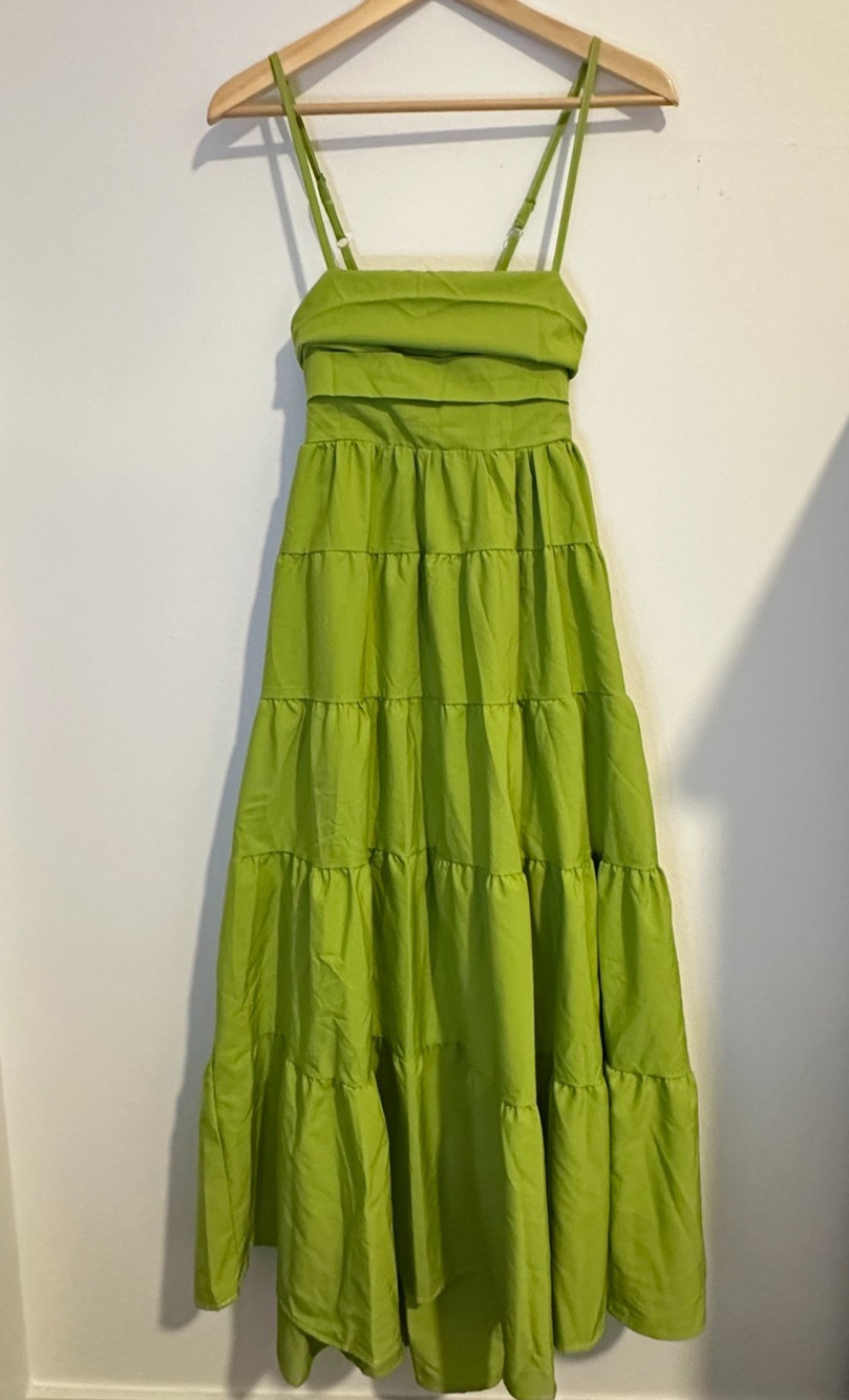 MMDZ Chartreuse Green Tiered Maxi Midi Dress with Adjustable Straps, Size 8
